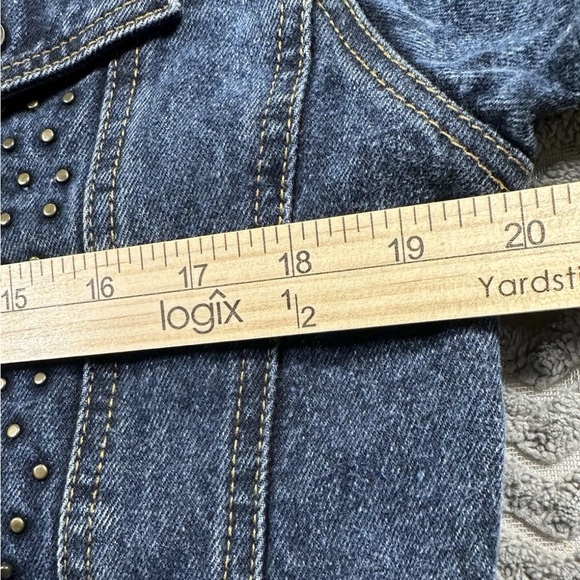 LA Blues Blue Denim Jacket Womens Sz Medium M Cropped Short - Spell Out On Back - Picture 10 of 15